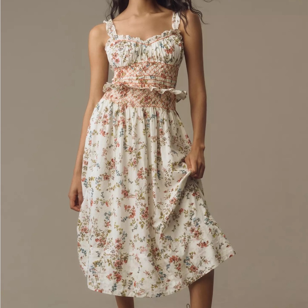 Sleeveless Smocked-Waist Ruffled Midi Dress